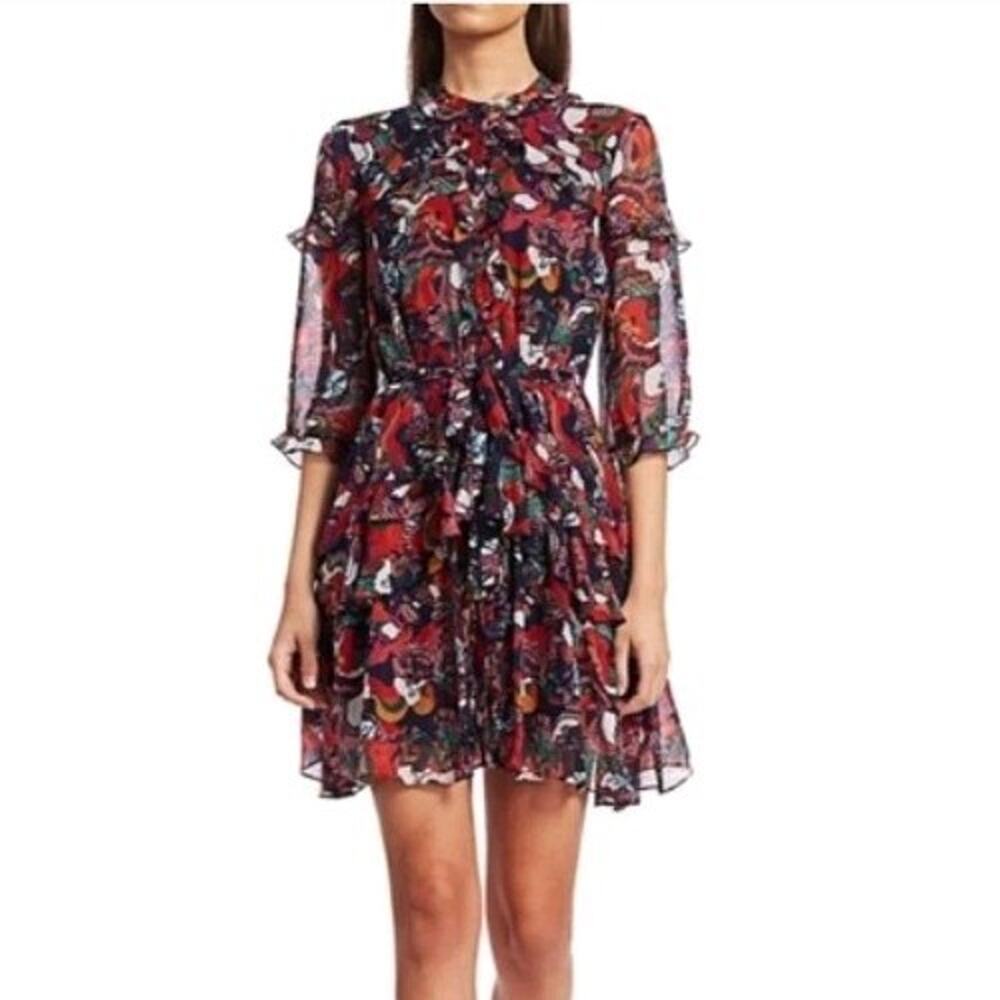 Saloni Tilly Abstract Multicolor Ruffle Silk Mini Dress 0 Whimsy Avant-garde - Picture 2 of 10